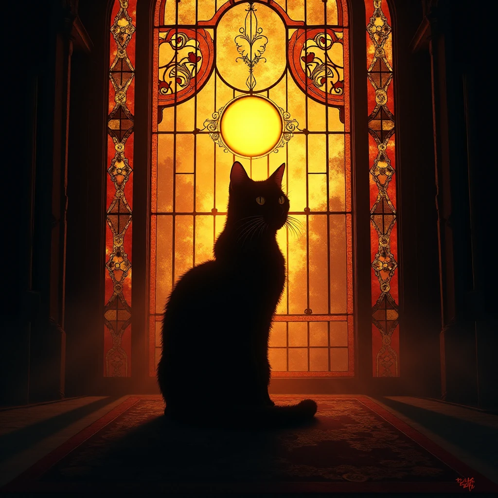 araffe silhouette of a cat in front of a  stained glass  window, maxim verehin  stained glass , on a  stained glass  window, backlit  stained glass ,  Cat Silhouettes ,  stained glass  art,  stained glass ,  stained glass ,  stained glass !!,  Cat Dark Gods ,  mysterious cathedral window , gothic  stained glass  style,  stained glass  window, intricate  stained glass ,colorful,sunset