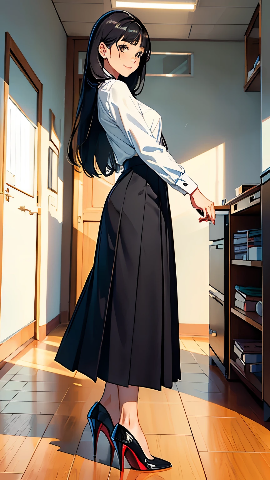    ((masterpiece, high resolution, better quality, better details)), ((Smiling)), ((one girl)) va girl sorting files in a cabinet, full body, wearing a maxi skirt, long skirt, ((long skirt without openings)), paired with a professional blouse, ((Louboutin high heels)), green eyes, ((black hair, long hair)), shiny skin, ((side view)), solo, from the side, full body, focus full body, in an office setting