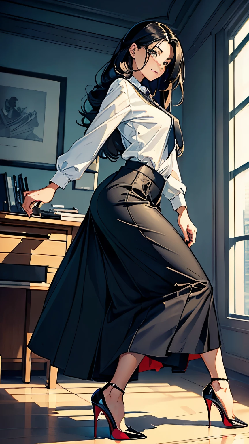    ((masterpiece, high resolution, better quality, better details)), ((Smiling)), ((one girl)) va girl sorting files in a cabinet, full body, wearing a maxi skirt, long skirt, ((long skirt without openings)), paired with a professional blouse, ((Louboutin high heels)), green eyes, ((black hair, long hair)), shiny skin, ((side view)), solo, from the side, full body, focus full body, in an office setting