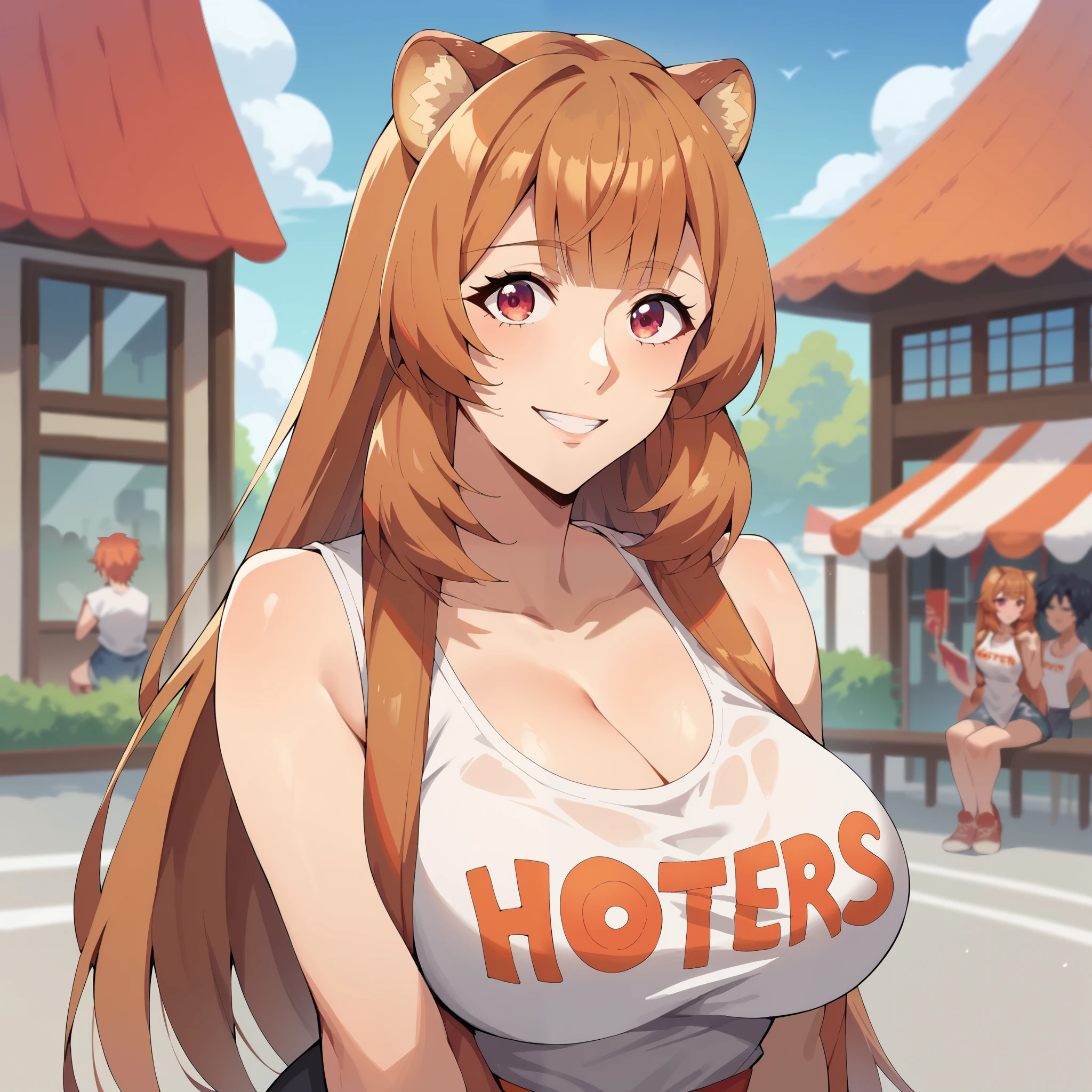 ( High quality  ,  masterpiece )raphtalia ,  orange hair with red tips ,  red eyes like rubies  ,  smile,   usa Hooters sleeveless blah shirt. background a city .  big breasts.  big breasts. neckline.