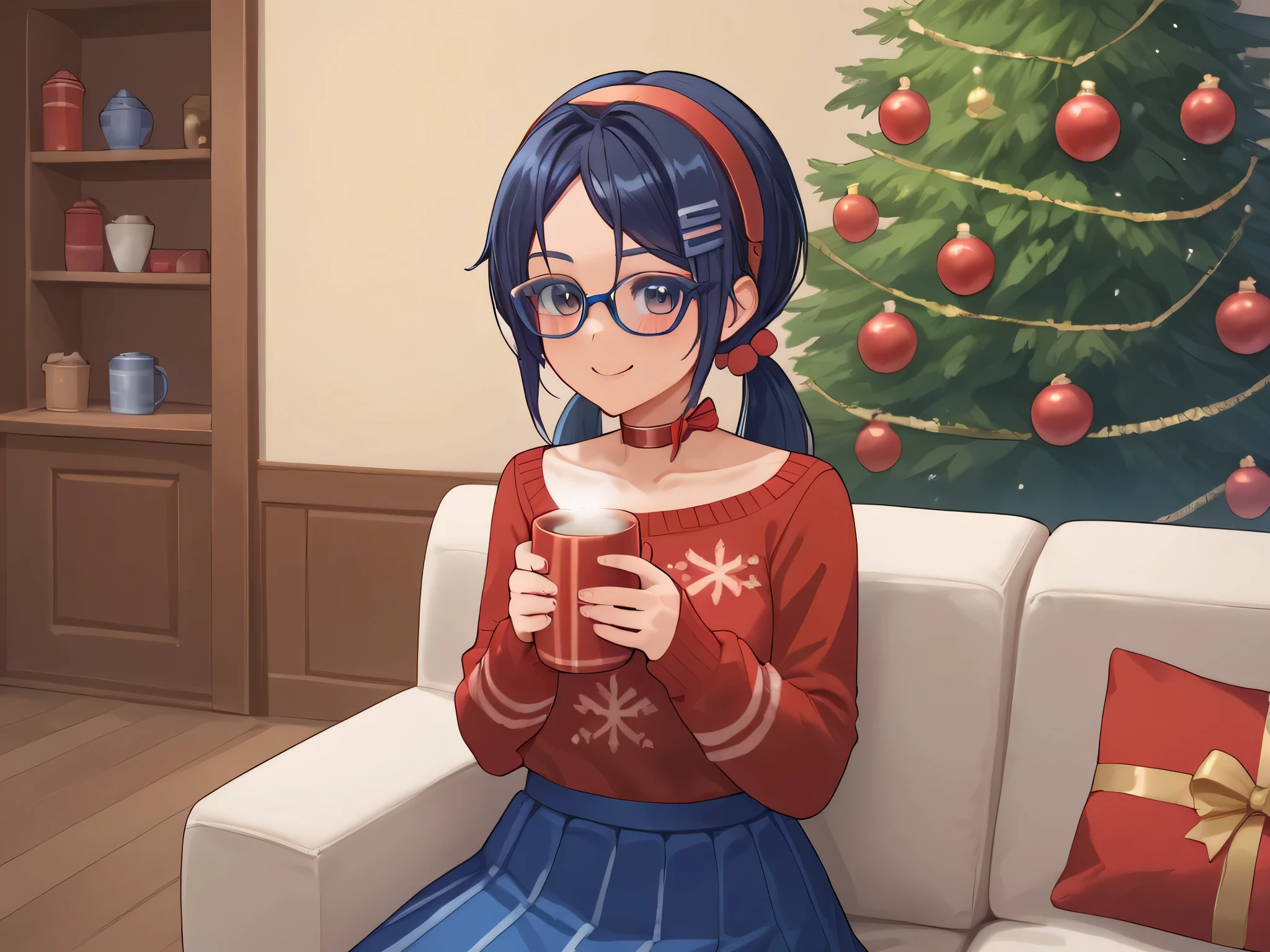 score_9,score_8_up,score_7_up, solo, 1 girl, dark blue eyes, dark blue hair, braids hair, red hairband, choker, red sweater, blue skirt, hair ornament, sweet smile, blush, blushing, glasses,New Year's atmosphere, Santa Claus's clothes, New Year's tree in the background,you can see the panties,sits on his knees, holding a mug of cocoa in his hands