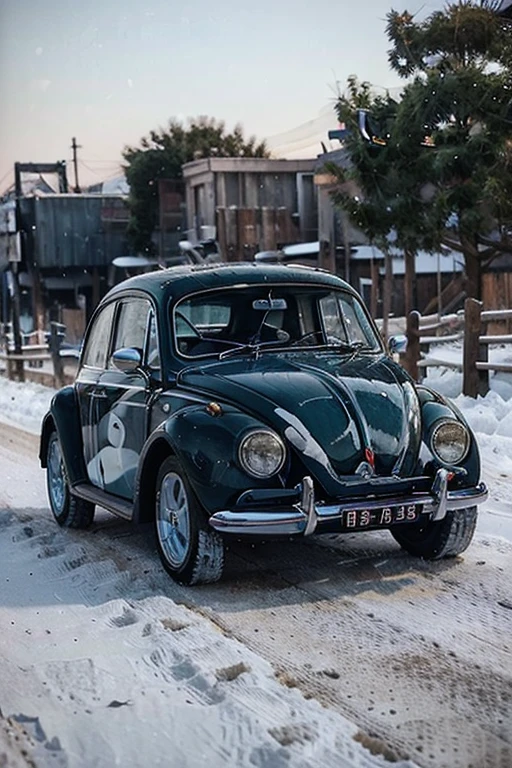 1962 beetle, blue, white stripes, snowy conditions