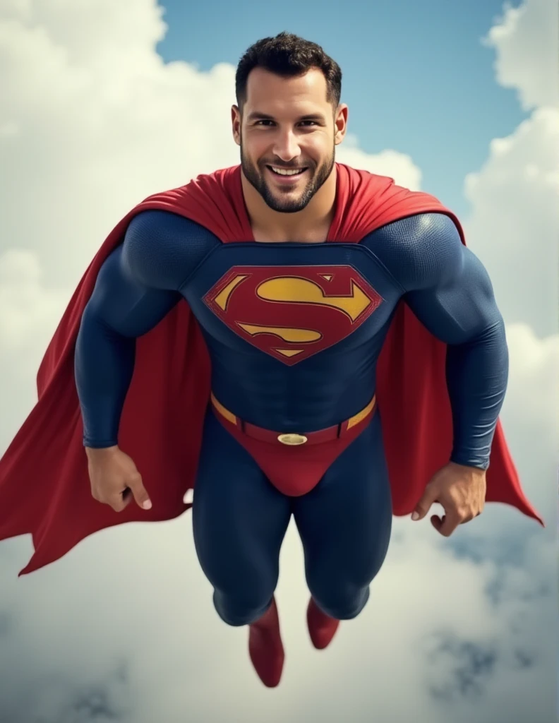 a buff man in a superman costume (think movie version of Superman-black undercut, blue tights and red cape and red boots and red briefs), A powerful superhero, muscular young male figure, short beard, intense gaze, confident smile, flying through the sky, The costume is a deep blue with a prominent red and yellow 'S' logo on the chest, and a red cape draped over his shoulders, cinematic lighting, dramatic shadows, vibrant colors, hyper-detailed, photorealistic, seamless 3D rendering, cinematic composition, heroic, epic, awe-inspiring full body photo