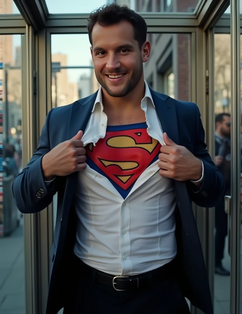 In a chaotic street scene, a reporter known as Clark Kent ,a 30-year-old a handsome man in a superhero costume, black undercut ,attractive, a suit with muscular,, black dress pants (tearing his white business shirt:1.2) with both hands, taking off an unbuttoned white shirt, showing the blue Superman suit S logo under his (torn at breast clothes:1.2), in a US telephone booth, patriotic smile, 16k,UHD, dslr, insane details, award-winning photo,