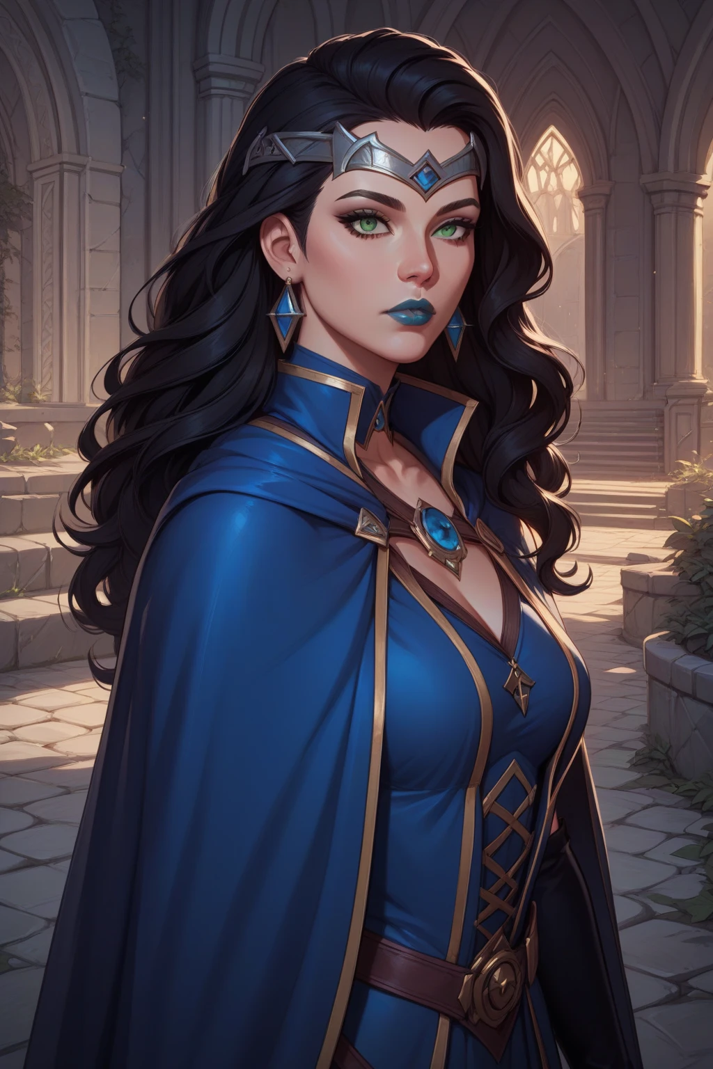 masterpiece, best quality, amazing quality, high resolution, absurdities, contour, witchcraft, long hair, black hair, green eyes, blue lips, elbow gloves, earrings, dress, forehead protector, expressionless fair-skinned woman,
blue costume black detail, blue cape, black cape hiding place