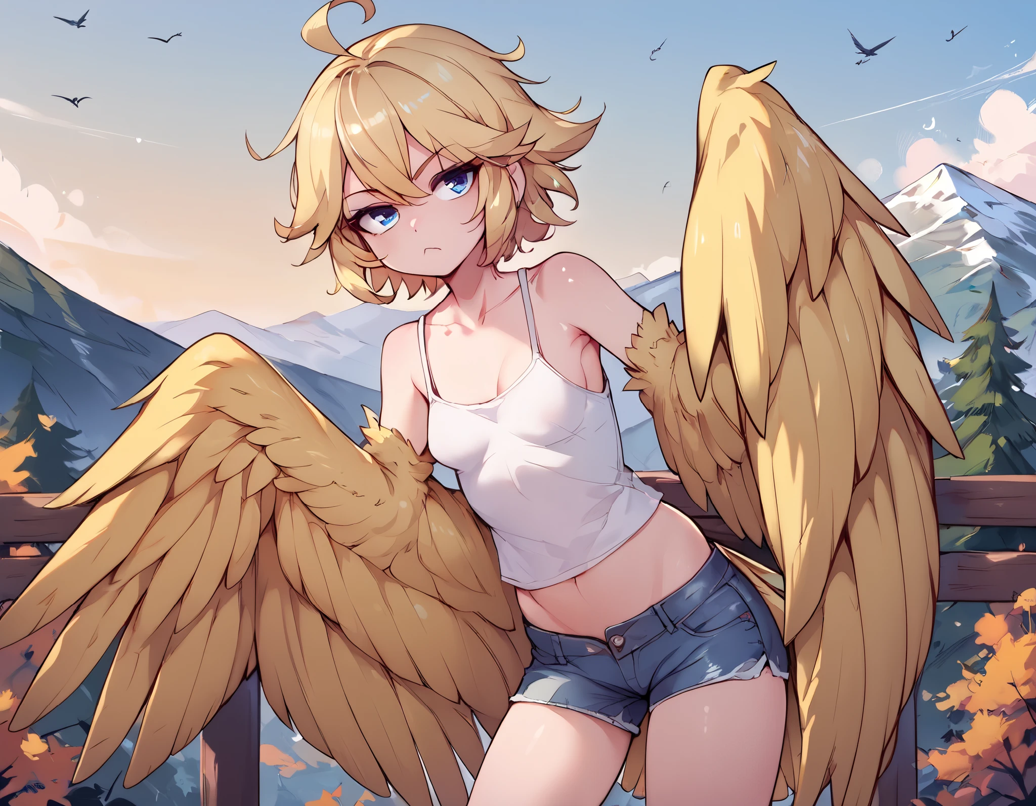 score_9_up, score_8_up, score_7_up, 1girl, solo, source_anime, feather winged arms, bird tail, bird legs, bird wings, harpy BREAK
Blonde hair, short hair, messy hair, blue eyes, ahoge, small breasts, winged arms, feathered wings, yellow wings,
White tank top, navel, denim shorts BREAK
Closed mouth, bored face, frown, looking at viewer, standing, outdoors, mountains, bare trees, cloudy sky, autumn, dark sky BREAK