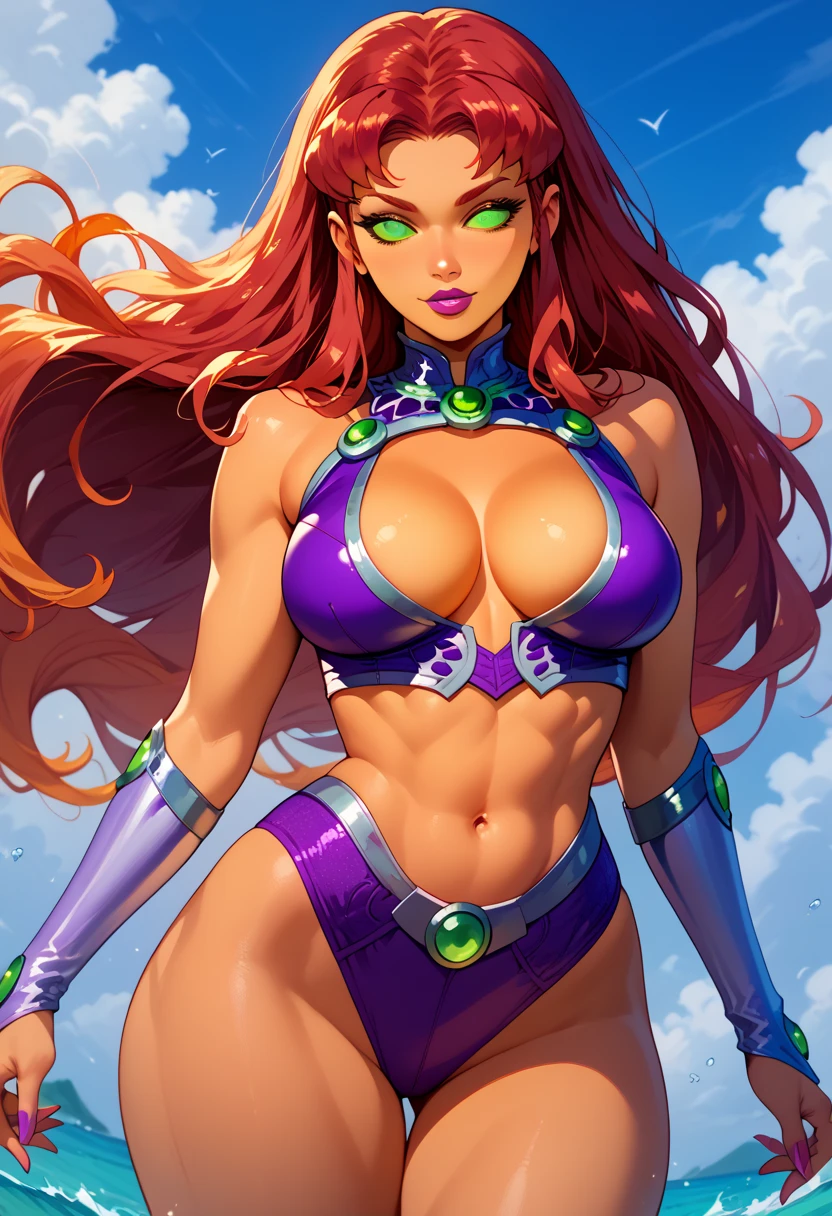 Starfire, female, orange skin, green eyes, red hair, yellow lipstick, anime style, large breasts, wide hips