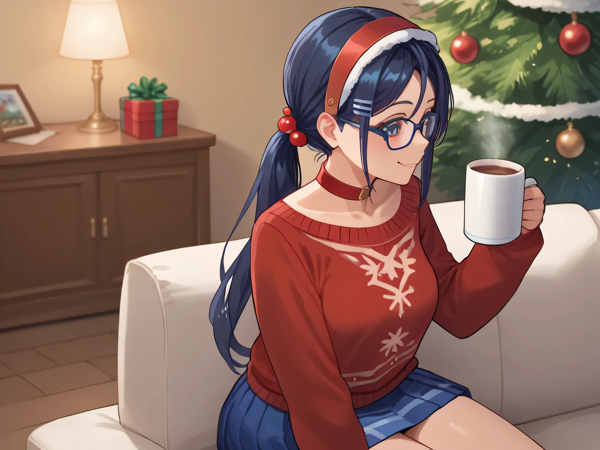 score_9,score_8_up,score_7_up, solo, 1 girl, dark blue eyes, dark blue hair, braids hair, red hairband, choker, red sweater, blue skirt, hair ornament, sweet smile, blush, blushing, glasses,New Year's atmosphere, Santa Claus's clothes, New Year's tree in the background,you can see the panties,sits on his knees, holding a mug of cocoa in his hands