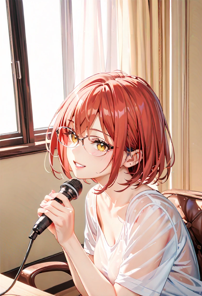  1 woman 、A transparent room、Lots of white furniture、Daytime、Sitting alone、 age is 35、Fashionable clothes、delicate、winter、Bob Wolf hairstyle、 red hair、The inner is black、Golden Eyes、Smile、 Masterpiece、singer、Speaking in front of a microphone