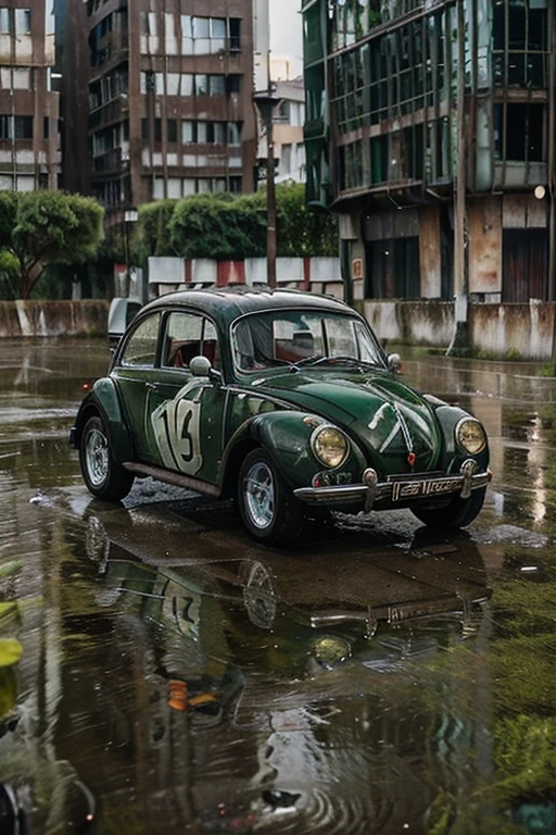 1962 beetle, green, white stripes, rainy conditions