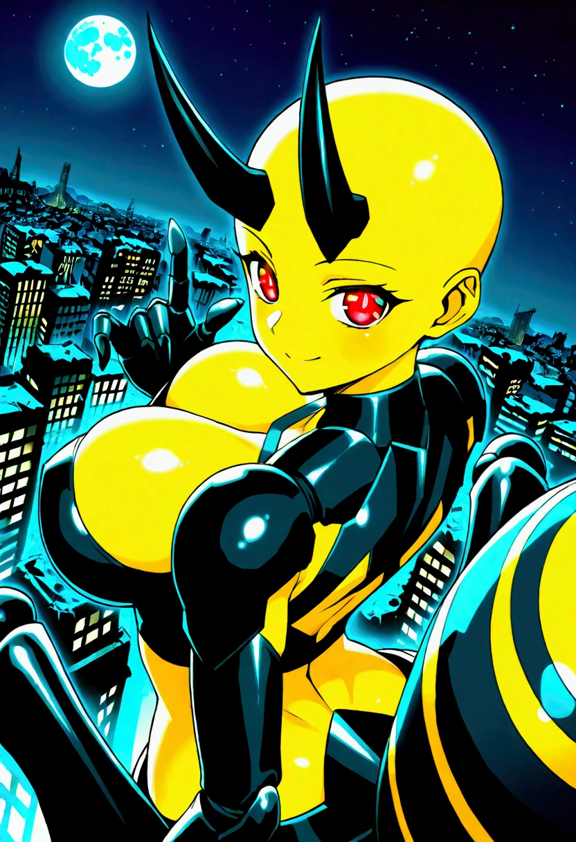 score_9,score_8_up,score_7, source anime, BREAK,1 girl, solo, mech spider girl, machine, arthropod girl, black mech suit, yellow skin, yellow body, long black demon_horn, insect_wings, bald, red-eyes, big large breasts honeycomb outline, black arachnid taur, wasp abdomen, midriff, night sky, post-apocalypse, crumbling city on background, late night, moon, dark alleyway, detailed face, sexy, beautiful face, flawless face, detailed eyes, large eyes, looking at the viewer, close-up, half-lenght portrait, teasing, close-up, bust-portrait, upper-body, dynamic angle, sexy pose, charming, seducing, teasing, leaning forward, from behind, back, rear back,