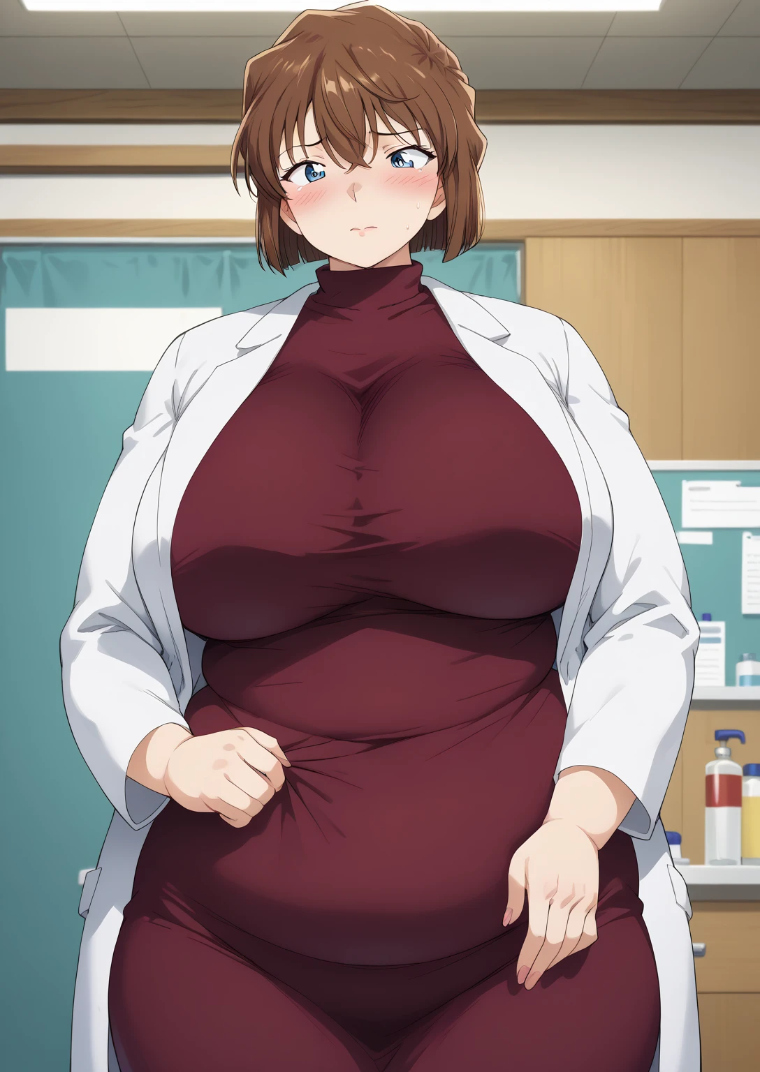 Shiho Miyano, Miyano Shiho, short hair,Brown Hair, blue eyes,hair between eyes,lab coat, Mulberry dress, long sleeve dress, mini skirt dress, score_9,   score_8_ up,   score_7_ up,   score_6_ up,   score_5_ up,   score_4_ up,     masterpiece   ,   top quality,     very aesthetic  ,    absurd,    source_Anime, Anime screencap,    one woman , Alone,   personal   ,  Super huge breasts, (((S uper huge クレビス, Super huge , Super huge boob))), Curvy,   in her 20s,  Mature Woman,   obese , ,  troubled expression,  ssbbw,  embarrassed expression