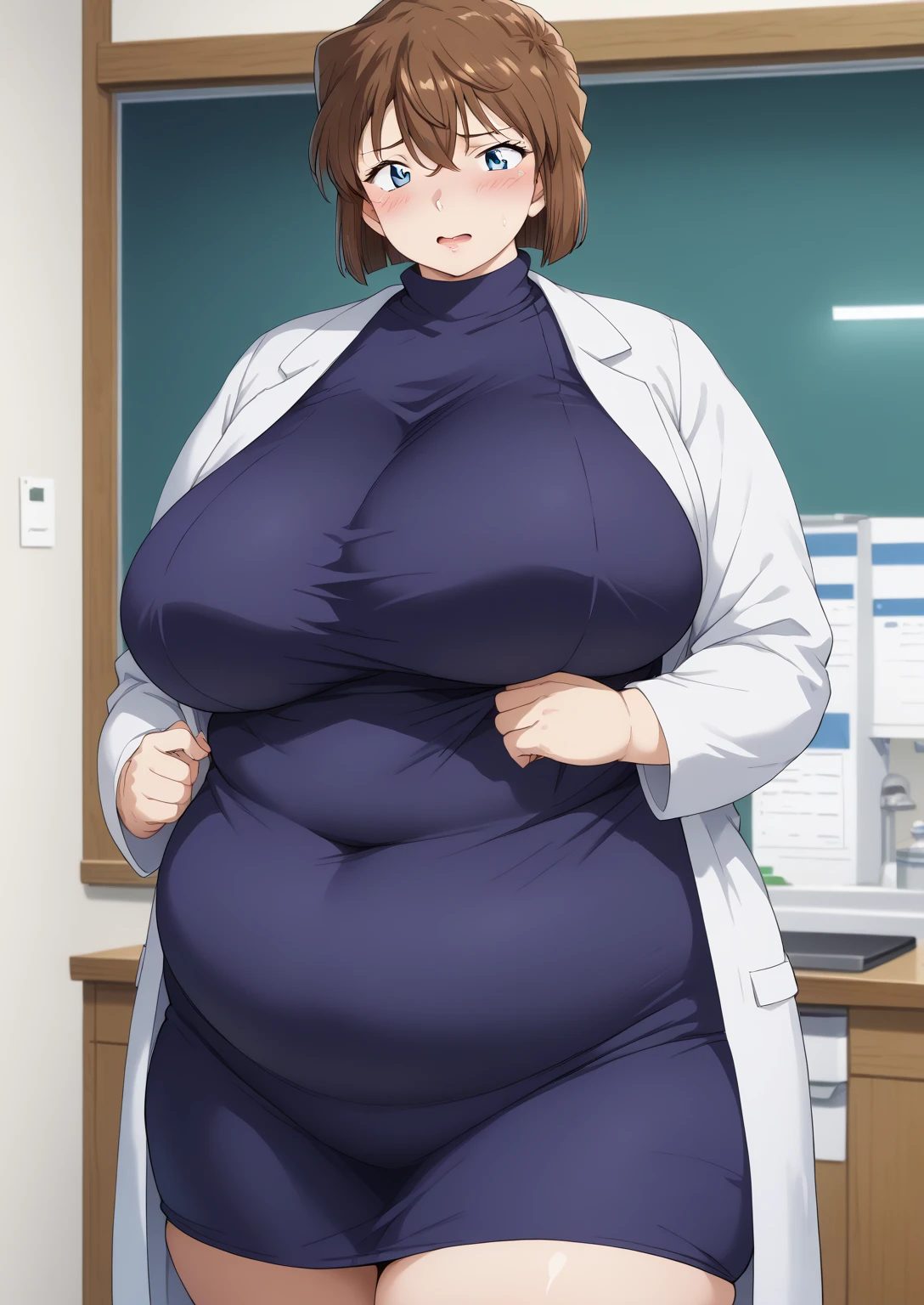 Shiho Miyano, Miyano Shiho, short hair,Brown Hair, blue eyes,hair between eyes,lab coat, Mulberry dress, long sleeve dress, mini skirt dress, score_9,   score_8_ up,   score_7_ up,   score_6_ up,   score_5_ up,   score_4_ up,     masterpiece   ,   top quality,     very aesthetic  ,    absurd,    source_Anime, Anime screencap,    one woman , Alone,   personal   ,  Super huge breasts, (((S uper huge クレビス, Super huge , Super huge boob))), Curvy,   in her 20s,  Mature Woman,   obese , ,  troubled expression,  ssbbw,  embarrassed expression