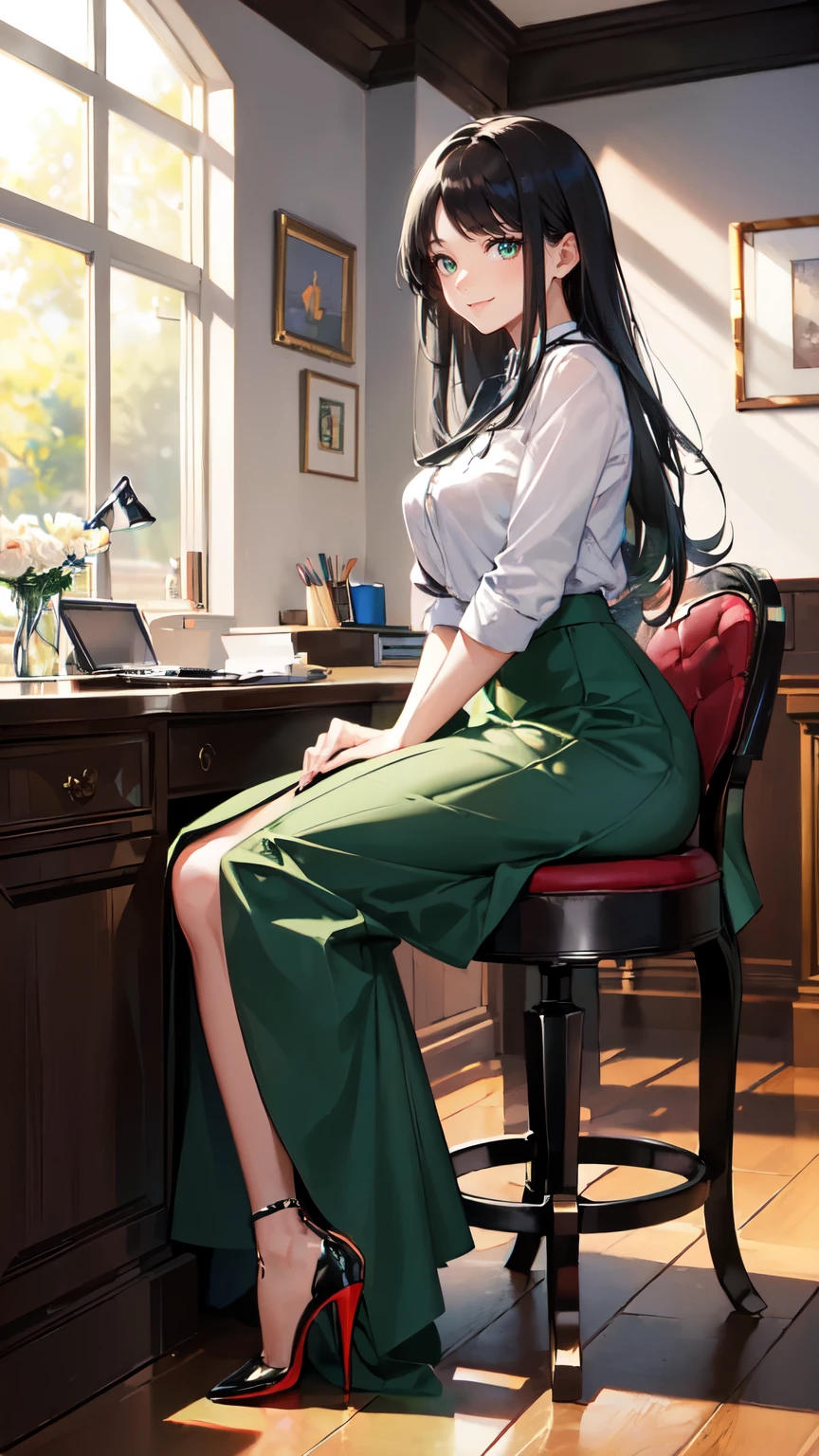    ((masterpiece, high resolution, better quality, better details)), ((Smiling)), ((one girl)) va girl sorting files in a cabinet, full body, wearing a maxi skirt, long skirt, ((long skirt without openings)), paired with a professional blouse, ((Louboutin high heels)), green eyes, ((black hair, long hair)), shiny skin, ((side view)), solo, from the side, full body, focus full body, in an office setting