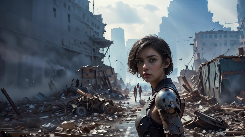 masterpiece,  high resolution,8K,( Portrait Photos:1.5),(R Original Photo),Reality,Digital Photography,(Ruins of the Apocalypse  ),City ruins，20 year old pretty female ，Short hair，Shut up，  post-apocalyptic scene ， Upper body photography ，Damaged Armor， Sexy Body