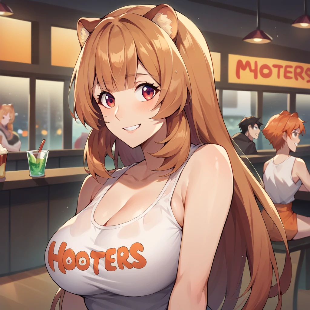 ( High quality  ,  masterpiece )raphtalia ,  orange hair with red tips ,  red eyes like rubies  ,  smile,   usa Hooters sleeveless blah shirt. background a city .  big breasts.  big breasts. neckline.