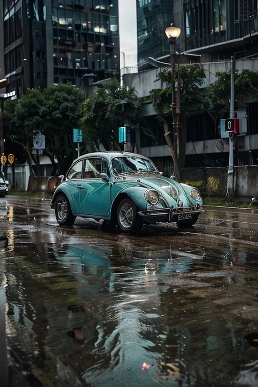 1962 beetle, cyan, white stripes, rainy conditions