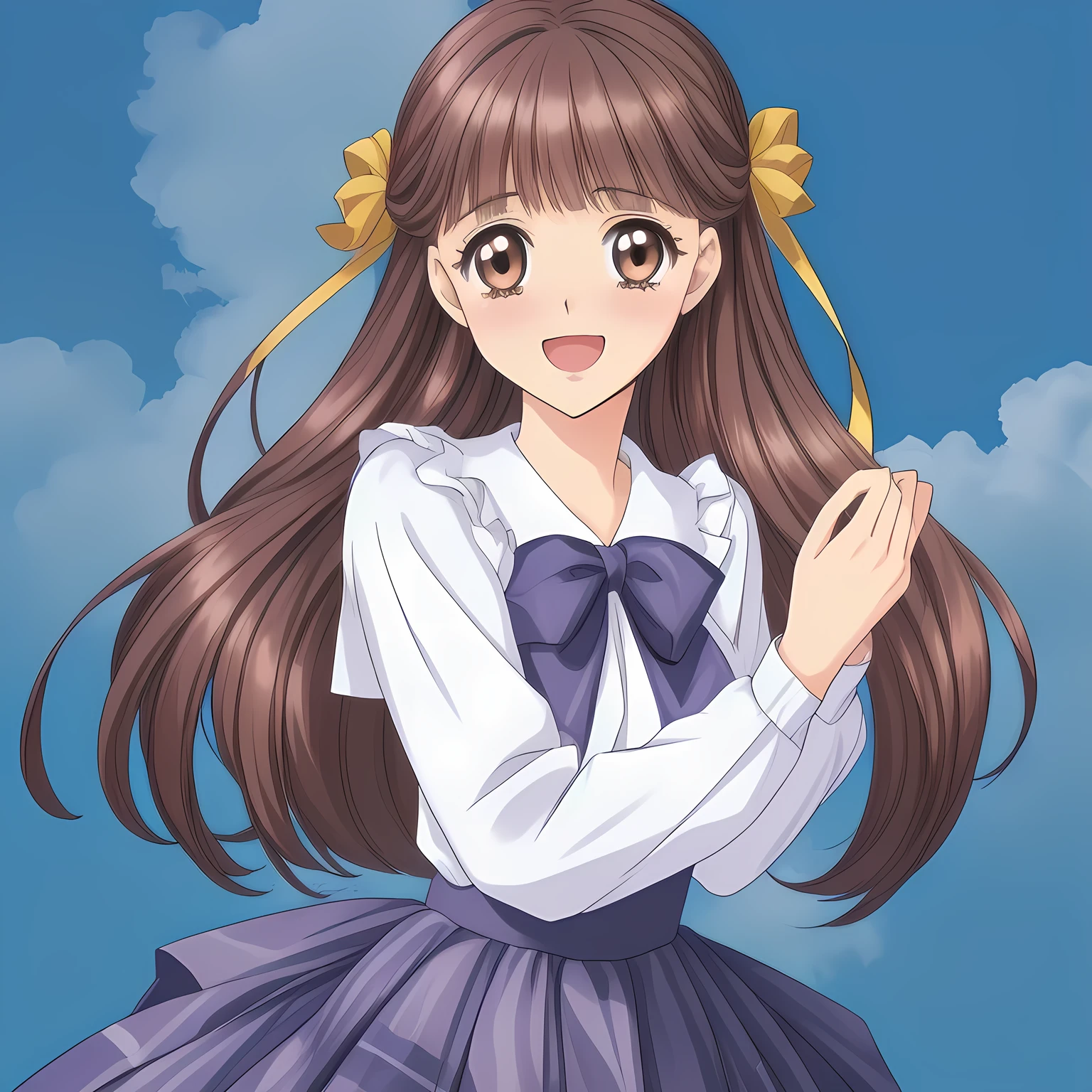 (highest quality, masterpiece: 1.6), (Too beautiful intelligent girls is looking me down and laughing at me with their pretty open mouth, bending their back deeply, can't stop giggling, Too Beautiful noble beautiful dancing anime noble heroines, beautiful giggling noble elegant 15yot anime heroines wares completely white frilled girly blouse and navy-blue-plaid-school-skirt with metallic luster, inviting me into deep harem of siren and succubi, Noble Elegant uniform: 1.5), (white white white frilled blouse, with pretty shiny large blue-ribbons made of polyester on the breast and sleeves: 1.2), (Anime-heroine's girly noble laughing giggling brown eyes, the eyes shines and has strong effect of allusion to the viewer: 1.6), (Realistic Charming neat dark-navy-blue very-neat well-pleated long dark-blue checkered glossy expensive plaid school skirt made of metallic-luster-blue-wool: 1.6), (sky-blue background with white heart figured clouds: 1.7), (Eyes, face and hair are especially beautifully detailed and beautifully drawn: 1.5), (Girl whom everyone loves because of her beauty and lovely fashion and noble manner and magic-charm like succubus: 1.0), (Very beautiful, wavy, cutely super-super-long straight gorgeous rich dark black hair like hair model, with elegant big yellow hair ribbons: 1.3), (beautiful black hair: 1.5), (Perfect mature body style like a fashion model), (The girl is too much beloved), ((skirt close shot)), ((Light and clearly-detailed well-contrasted neat bewitching too-expensive atmosphere foreground, to invite the viewer to the world of fetish eroticism: 1.6)), (black background)