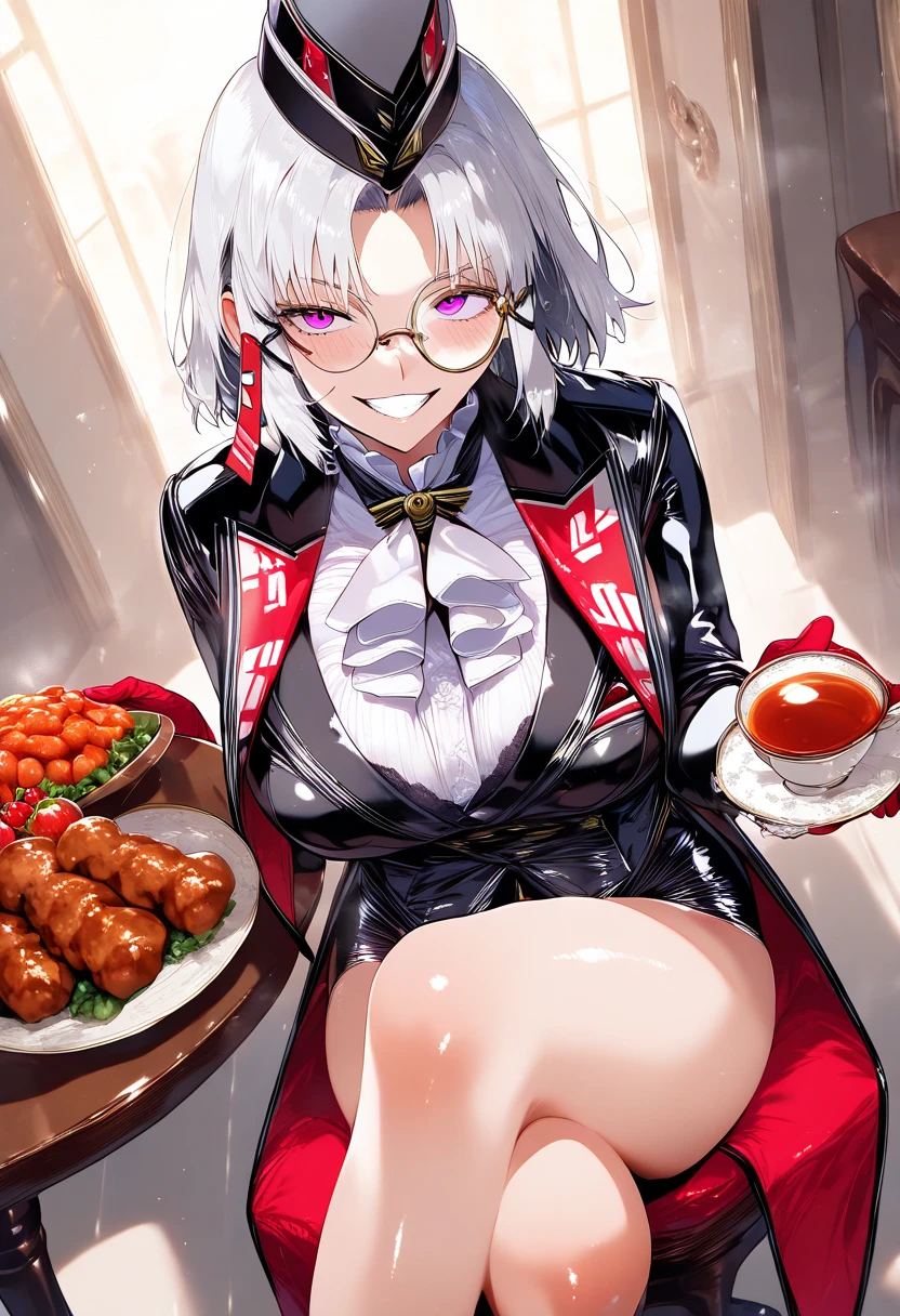 1girl,solo, drake(nikke), crossed legs, tea table, holding tea cup , falt hat, white shirt, white ascot, tailcoat, gloves, butler, villain smile, monocle glasses, elegance, red gloves,corridor half space, food, chicken food,best quality, high detailed, masterpiece, anatomy correct