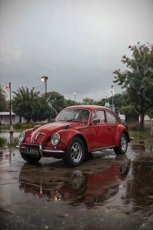 1962 beetle, red, white stripes, rainy conditions