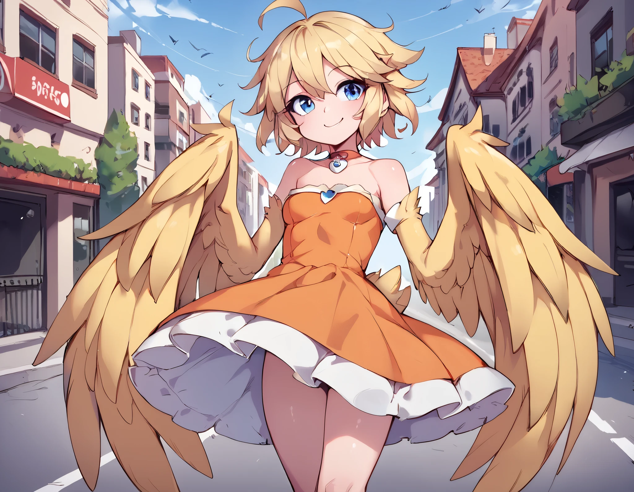 score_9_up, score_8_up, score_7_up, 1girl, solo, source_anime, feather winged arms, bird tail, bird legs, bird wings, harpy BREAK
Blonde hair, short hair, messy hair, blue eyes, ahoge, small breasts, winged arms, feathered wings, yellow wings,
Orange dress, shiny dress, strapless, bare shoulders, long dress, cute face, closed mouth BREAK
Looking at viewer, standing, outdoors, smile, urban area, buildings, blue sky, day sky BREAK