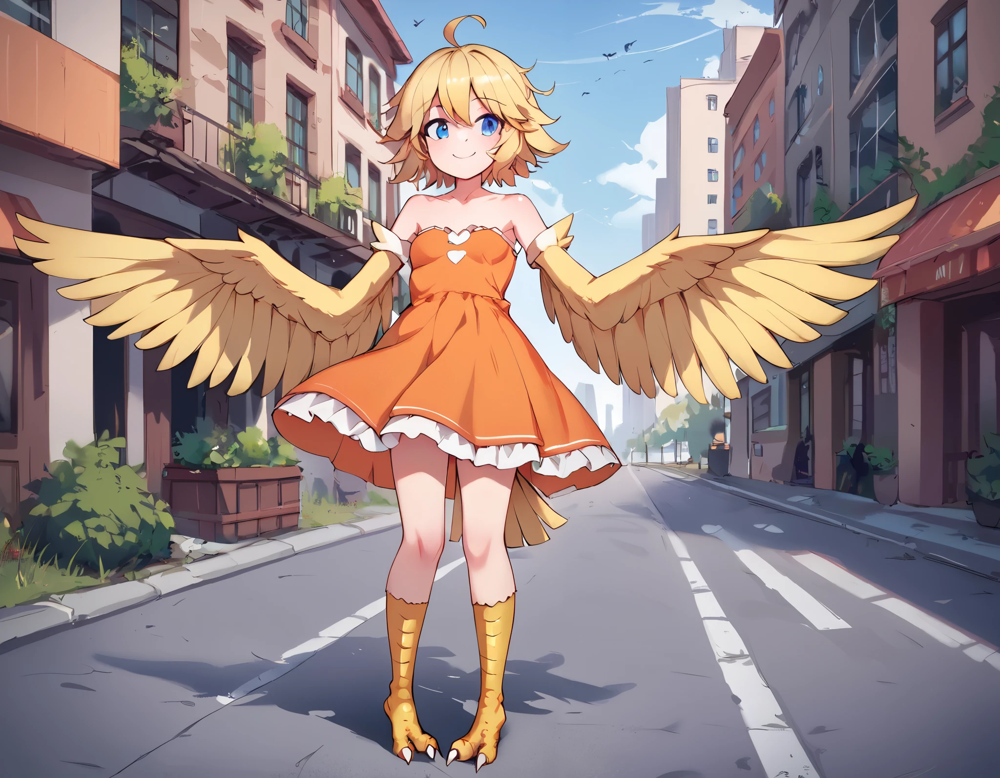 score_9_up, score_8_up, score_7_up, 1girl, solo, source_anime, feather winged arms, bird tail, bird legs, bird wings, harpy BREAK
Blonde hair, short hair, messy hair, blue eyes, ahoge, small breasts, winged arms, feathered wings, yellow wings,
Orange dress, shiny dress, strapless, bare shoulders, long dress, cute face, closed mouth BREAK
Looking at viewer, standing, outdoors, smile, urban area, buildings, blue sky, day sky BREAK