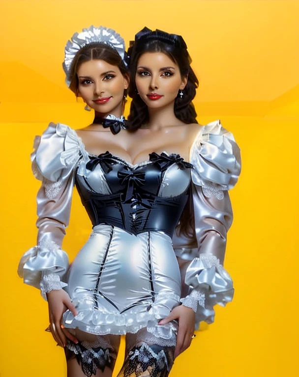 There are two women in costumes posing for a photo, french maid, corsets, Made with Photoshop, latex suits, gorgeous maid, maid costume, wearing maid uniform, maid outfit, maid dress, vests and corsets, Inspired by Hedi Xandt, high quality costume,  tight black and white robes !, maid,  clothes realistically represented ,  Artwork from headquarters 