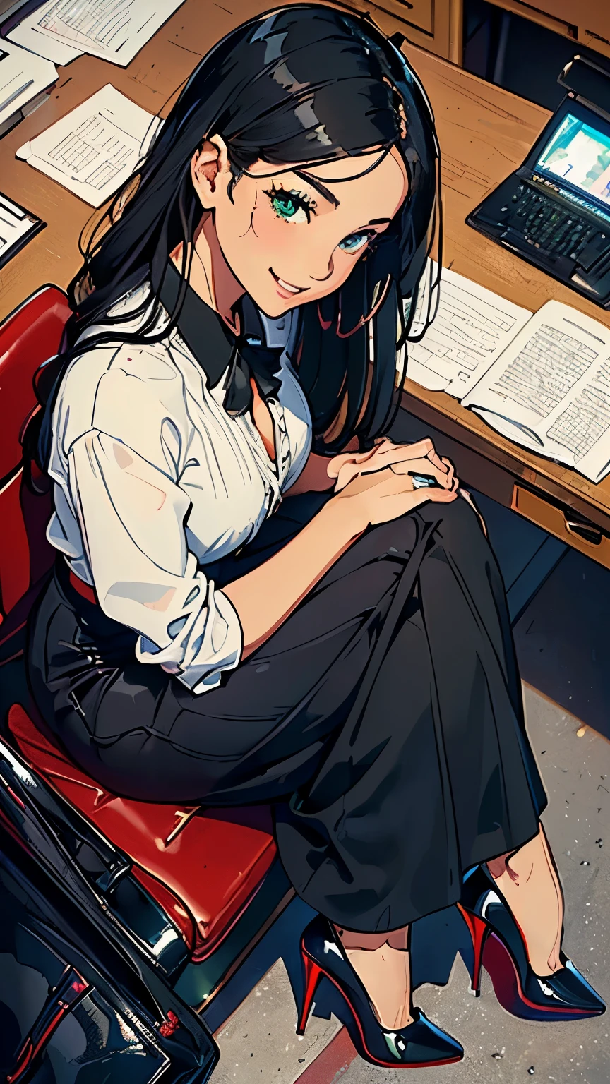    ((masterpiece, high resolution, better quality, better details)), ((Smiling)), ((one girl)) va girl sorting files in a cabinet, full body, wearing a maxi skirt, long skirt, ((long skirt without openings)), paired with a professional blouse, ((Louboutin high heels)), green eyes, ((black hair, long hair)), shiny skin, ((side view)), solo, from the side, full body, focus full body, in an office setting