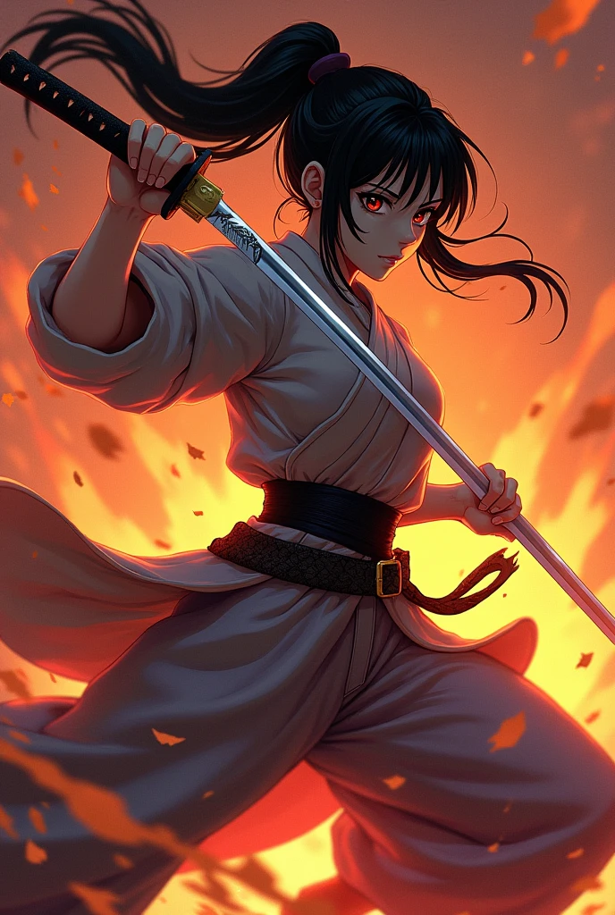 Anime girl with sword and flame in her hand, burning katana, inspired by Masanobu Okumura, Demon Slayer Rui doujin Art, Brunette Mage, Mai Yoneyama, Tanjiro Kamado, Fire!! Full body, holding a flame sword, Yuyushiki, official character art, wielding a flame sword, official art frown eyebrows, nervous, seriousfrown eyebrows, nervous, serious, Teether