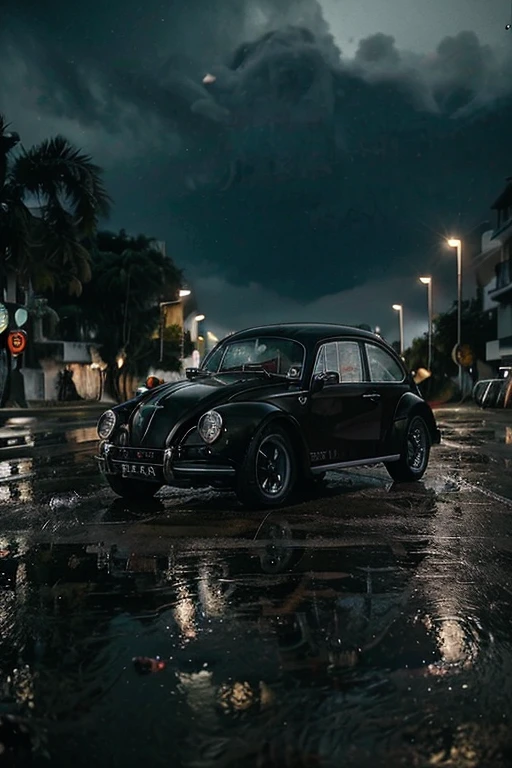 1962 beetle, black, white stripes, rainy conditions