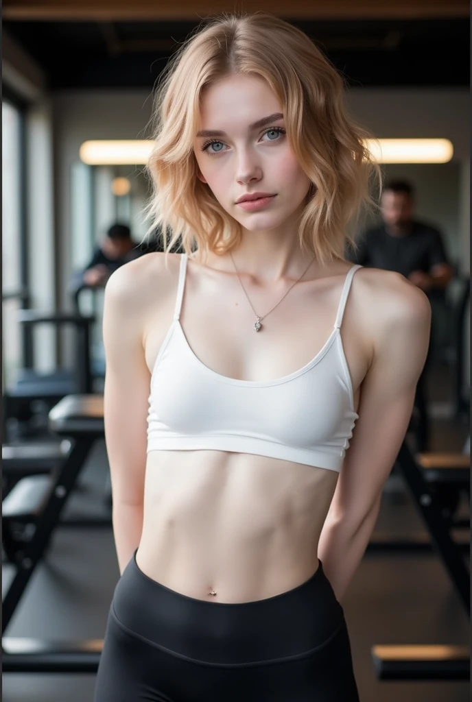 Sexy beautiful seductive scandinavian young blonde rave girl wearing a white crop top and a white mini skirt at a club