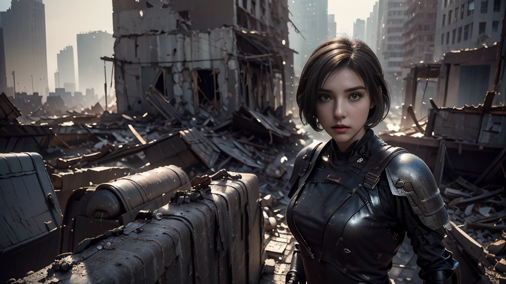 masterpiece,  high resolution,8K,( Portrait Photos:1.5),(R Original Photo),Reality,Digital Photography,(Ruins of the Apocalypse  ),City ruins，20 year old pretty female ，Short hair，Shut up，  post-apocalyptic scene ， Upper body photography ，Damaged Armor， Sexy Body