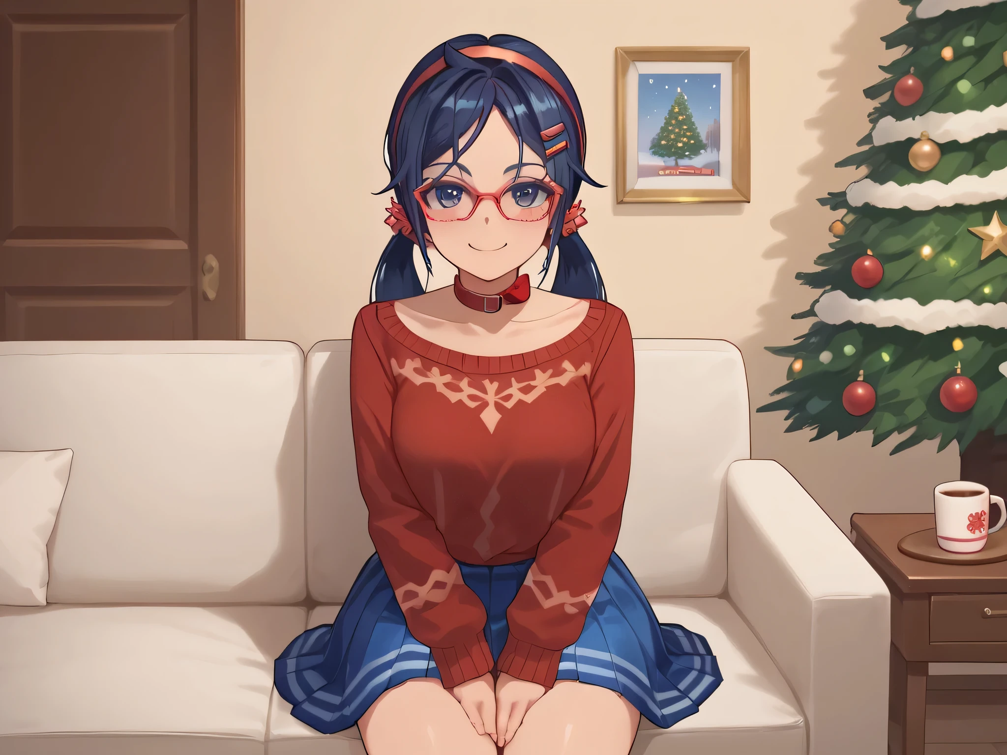 score_9,score_8_up,score_7_up, solo, 1 girl, dark blue eyes, dark blue hair, braids hair, red hairband, choker, red sweater, blue skirt, hair ornament, sweet smile, blush, blushing, glasses,New Year's atmosphere, Santa Claus's clothes, New Year's tree in the background,you can see the panties,sits on his knees, holding a mug of cocoa in his hands