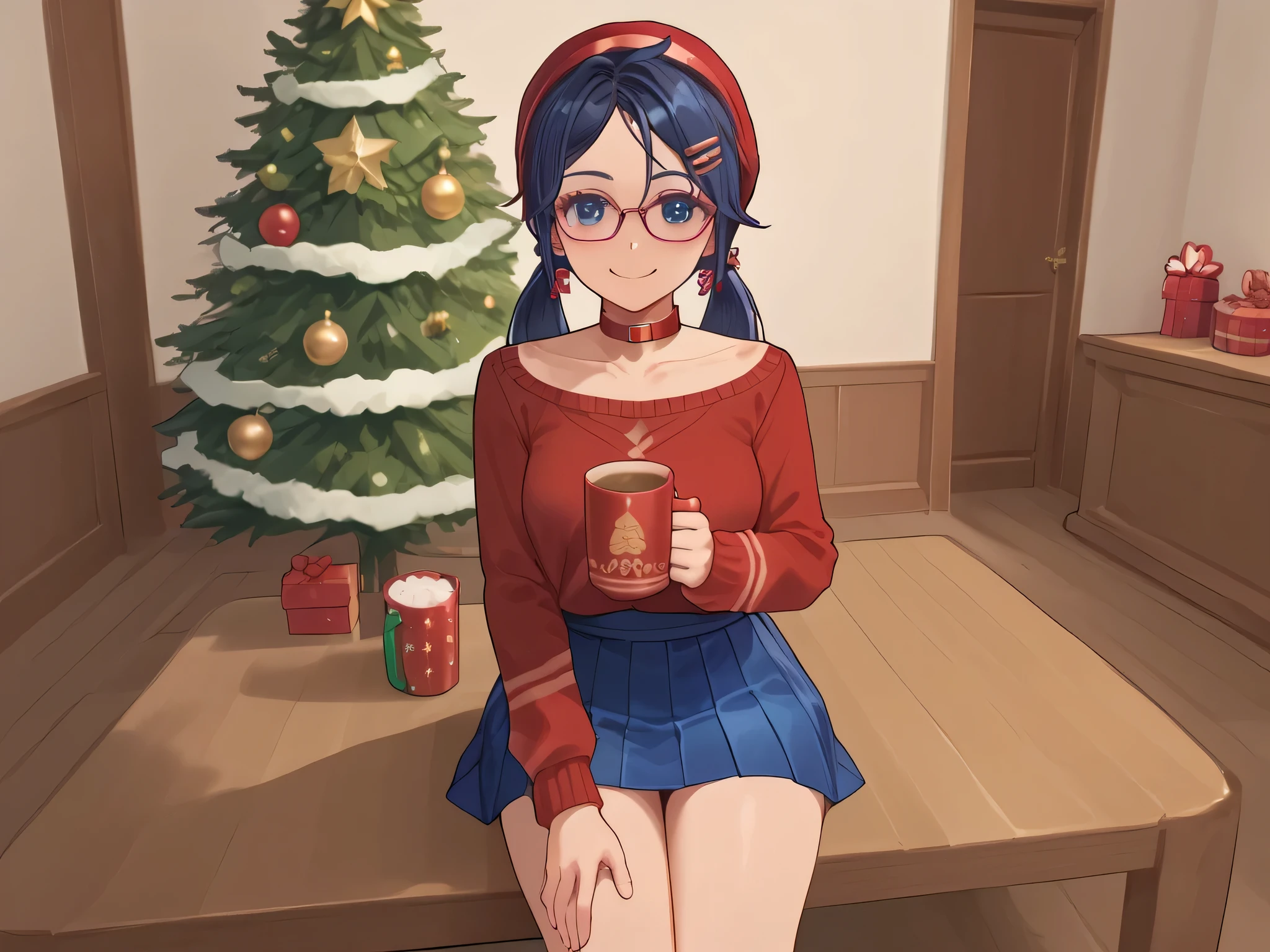 score_9,score_8_up,score_7_up, solo, 1 girl, dark blue eyes, dark blue hair, braids hair, red hairband, choker, red sweater, blue skirt, hair ornament, sweet smile, blush, blushing, glasses,New Year's atmosphere, Santa Claus's clothes, New Year's tree in the background,you can see the panties,sits on his knees, holding a mug of cocoa in his hands