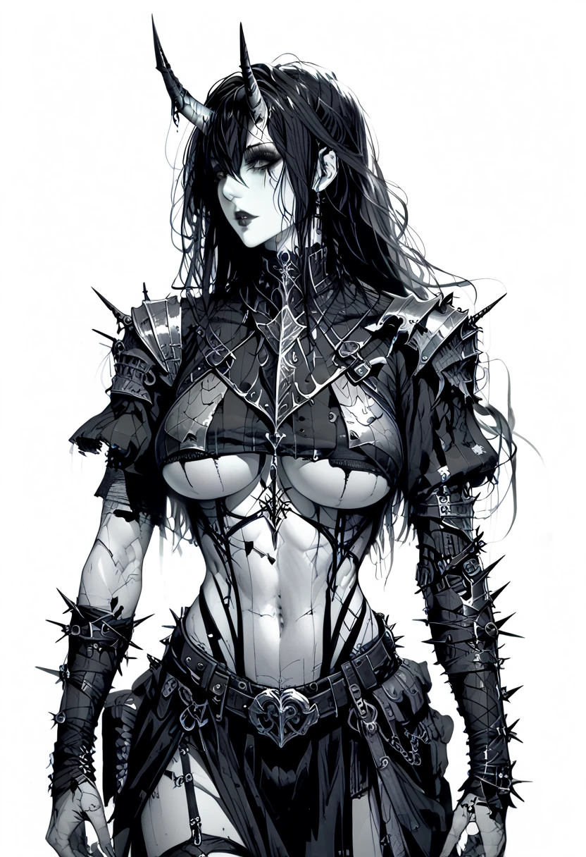 Create an image of the most stunningly gorgeous beautiful kijin, Stunningly gorgeous perfect face,  perfect makeup, detailed perfect silky smooth skin texture, detailed hour glass body figure, very long styled hair,  (black kijin armor spiked), ((underboob))), long sexy horns, 