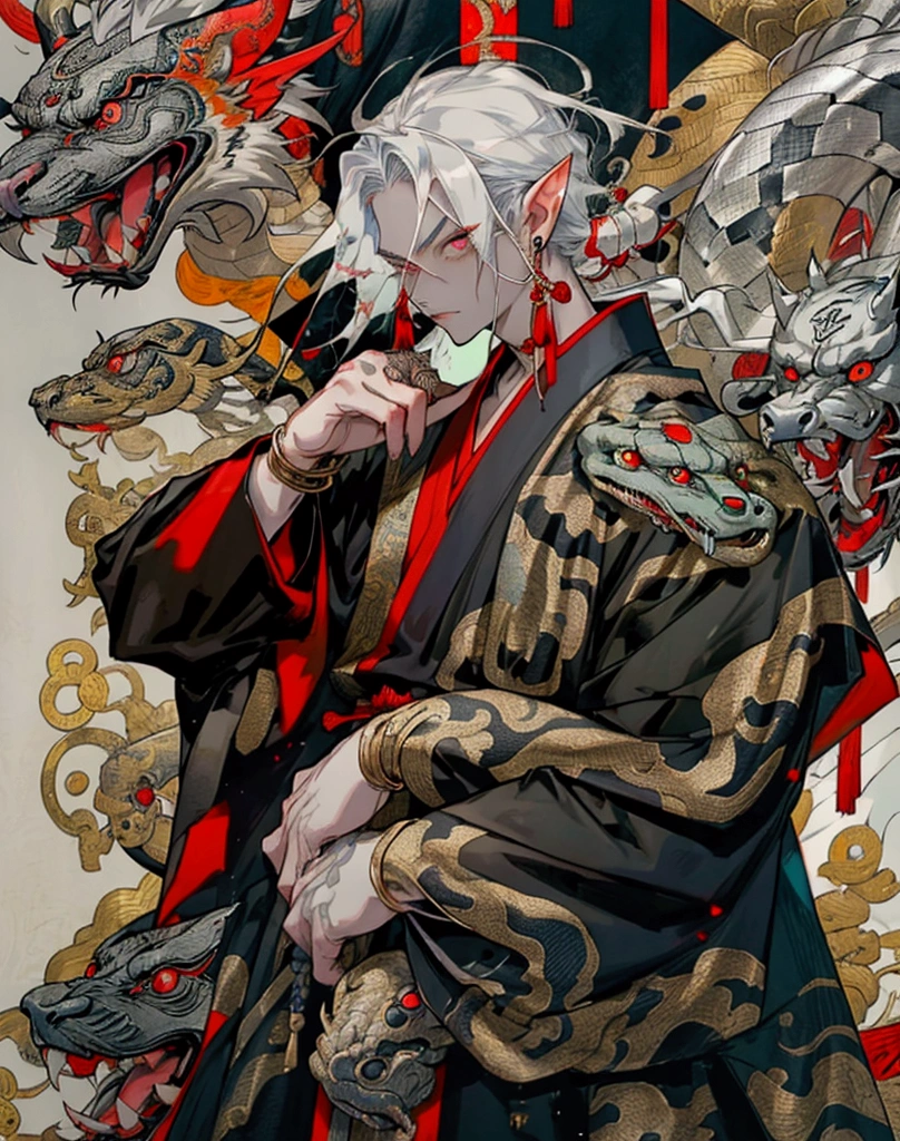 Nichimanga style, Buddha beads, Buddha, Zen ZEN, a man with a mask of Buddha, unruly expression, delicate face, wearing a kimono, surrounded by angels, with lightning on his body, and a divine dragon behind him