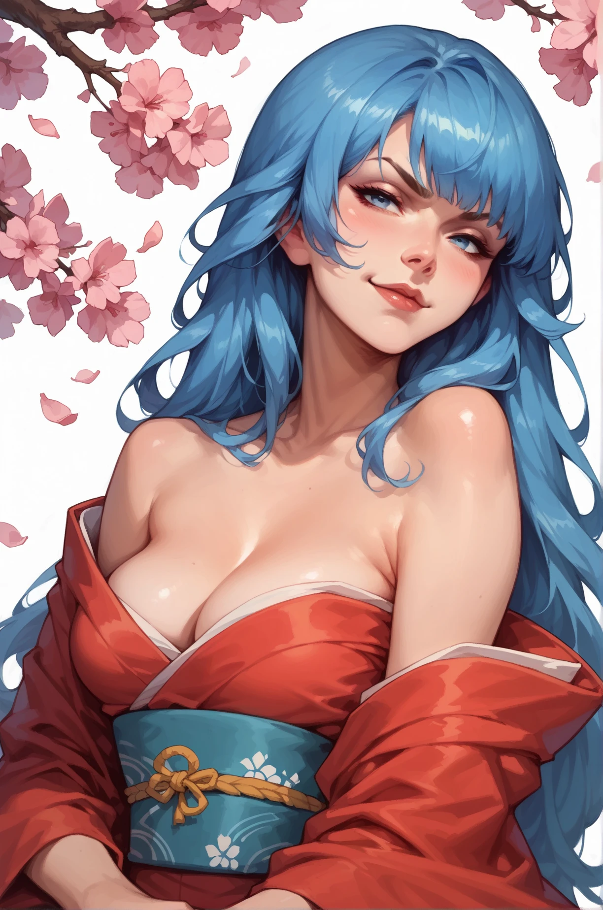 score_9, score_8_up, score_7_up, cartoon of a girl, solo, sexy, slutty, smirk, mouth closed, pale skin, blue eyes, blue hair, long hair, straight hair, bangs, red kimono, off shoulder, cleavage, small breast, cherry blossom, simple background