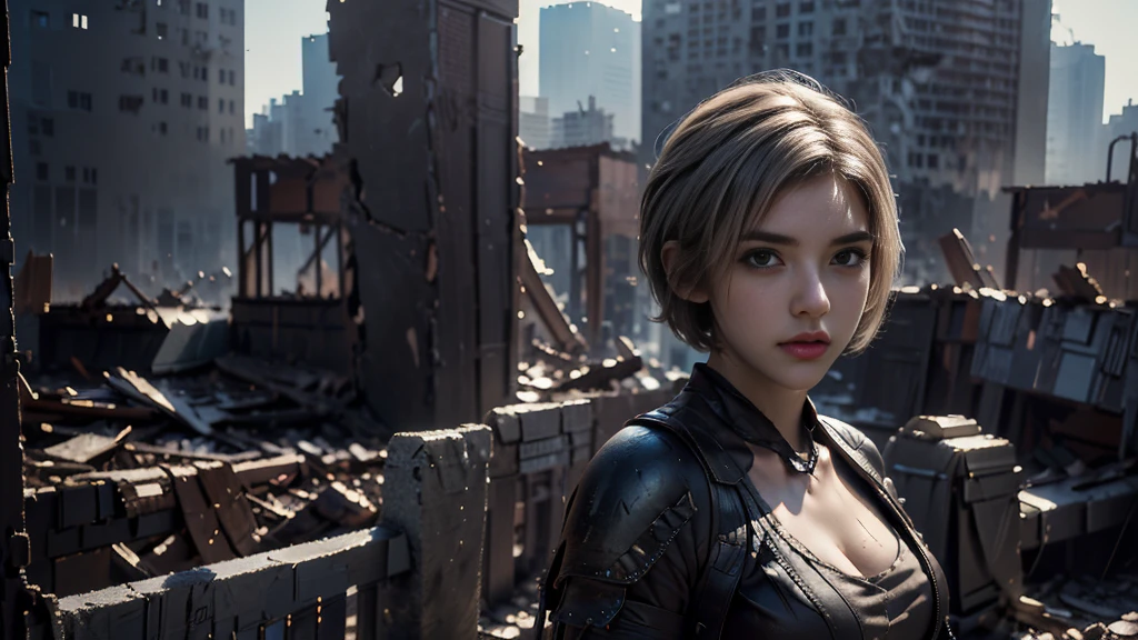 masterpiece,  high resolution,8K,( Portrait Photos:1.5),(R Original Photo),Reality,Digital Photography,(Ruins of the Apocalypse  ),City ruins，20 year old pretty female ，Short hair，Shut up，  post-apocalyptic scene ， Upper body photography ，Damaged Armor， Sexy Body