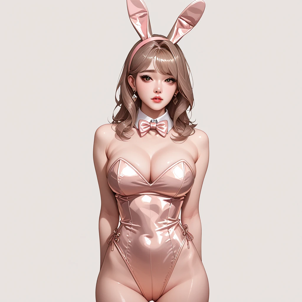 1girl, Korean, long light brown hair, bunny headband, bunny girl outfit, hands behind the back, luxury suite, soft face focus 