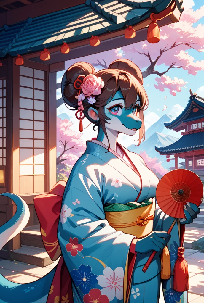 dragon, furry,  kimono, flores,  big boobs, rosa