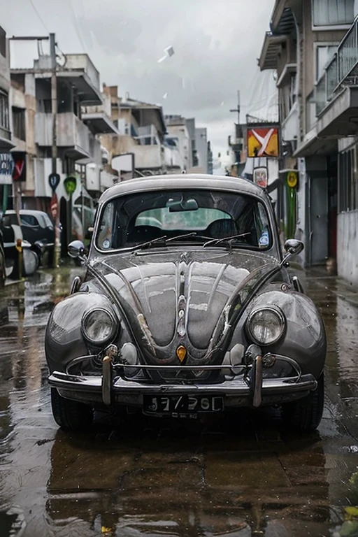 1962 beetle, gray, white stripes, rainy conditions