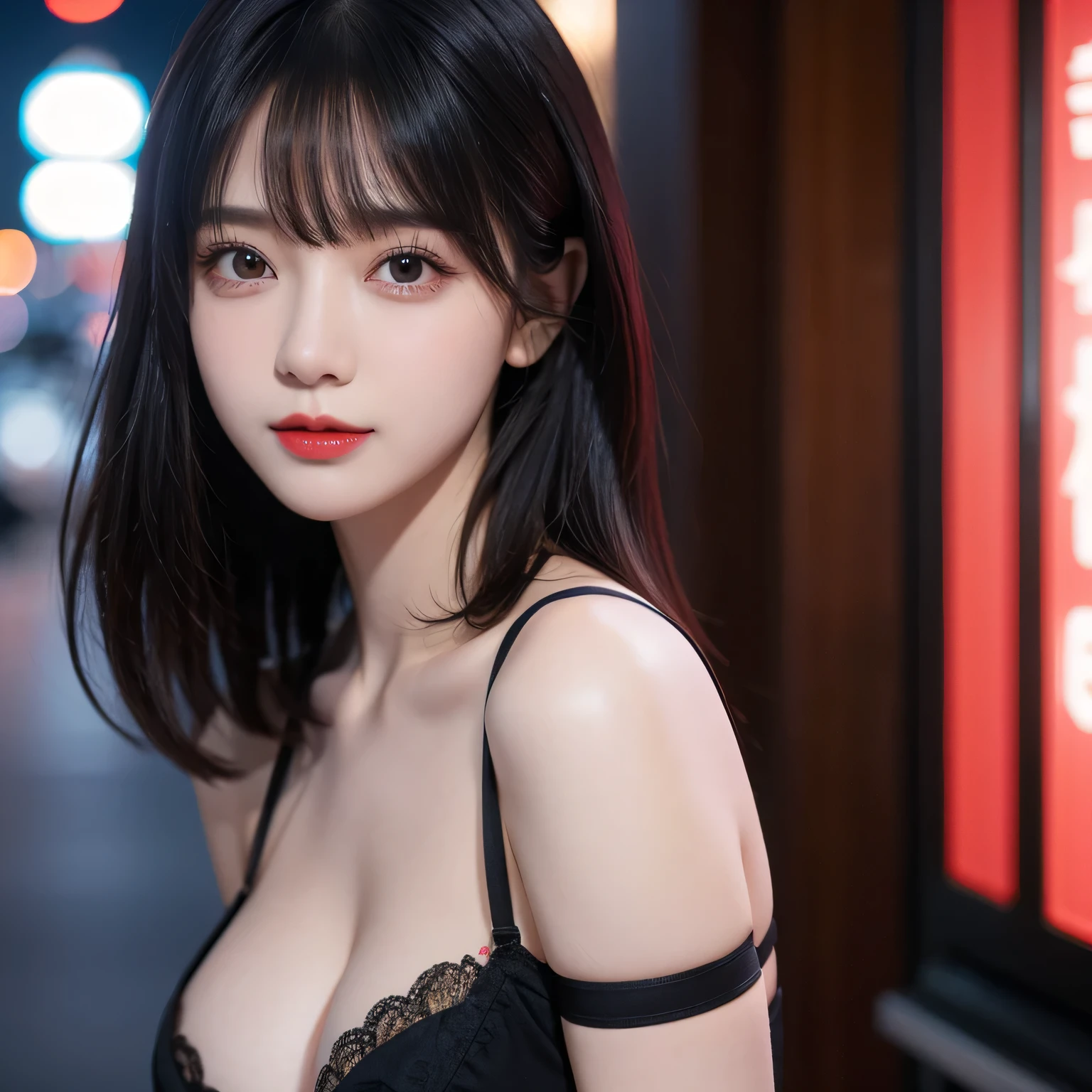 Face focus , portrait,  glowing black eyes , Feminine style,  a girl , asymmetrical  bangs,  bangs, Black Hair, OKid, OK, Camera sight,  Smile, night, City,  bob hairstyle , abdomen,  red lips, shirt,  unique ,  permanent, OKid,  upper body, underwear,  pink underwear , Perfect body curves,  beautiful  kubire,  beautiful , Naughty face