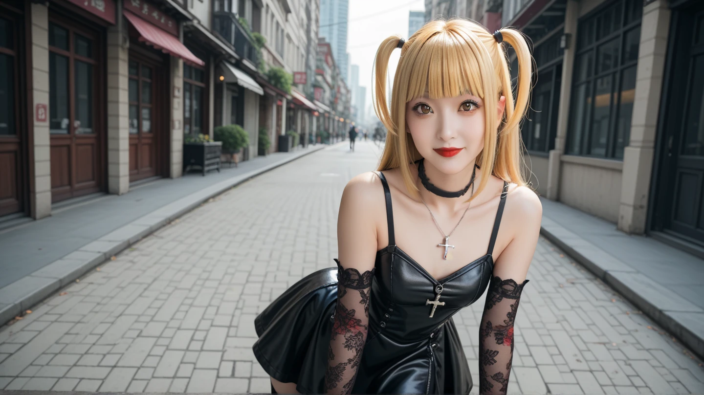  score_9, score_8_up, score_7_up,, misa amane, long hair, bangs, brown eyes, yellow hair, blunt bangs, two side up, red lips, lipstick, smile,thighhighs, dress, jewelry, collarbone, boots, detached sleeves, choker,  black dress, sleeveless dress, garter straps, black choker, short dress, floral print, cross, red nails, cross necklace,outdoors, cityscape,looking at viewer, portrait shot, face focus