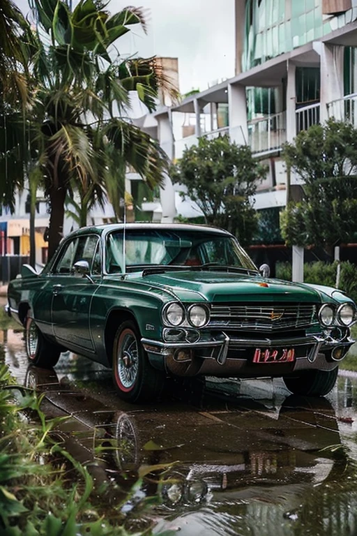 1962 Cadillac, green, white stripes, rainy conditions