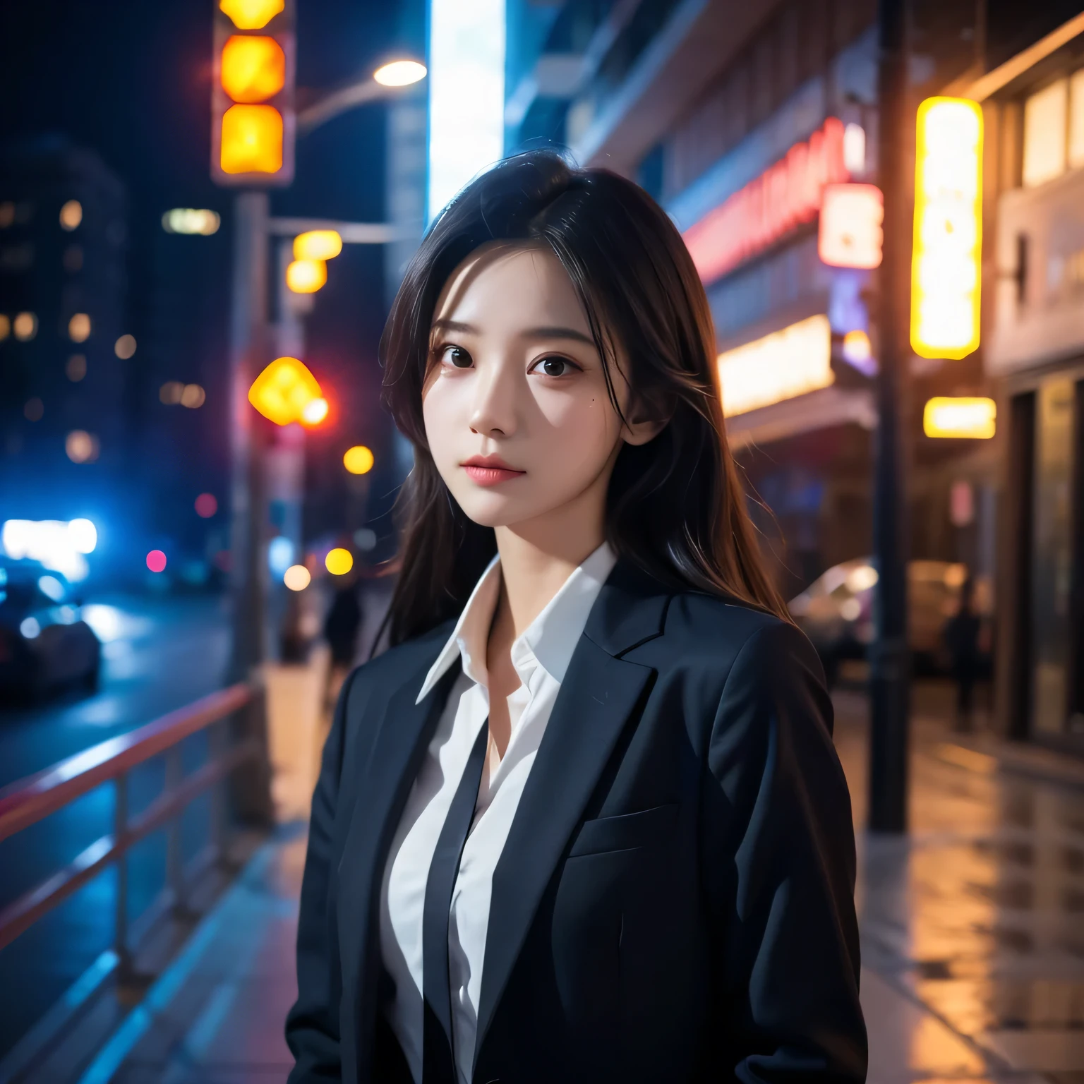 16K, HDR, RTX,  ray tracing ,  natural light, absurd, Best quality masterpiece, Perfect anatomy HD facial,  meticulous eyes , 1 Girl,  unique , Wearing a suit, shirt,  top button opens ,  Beautiful Hair , Extremely beautiful, impatient, Cool, breath, Windy,  glowing eyes ,  serious expression ,  Dystopian city ,  futuristic ,  detailed background , Awards,  neon lights , Art Station trending 