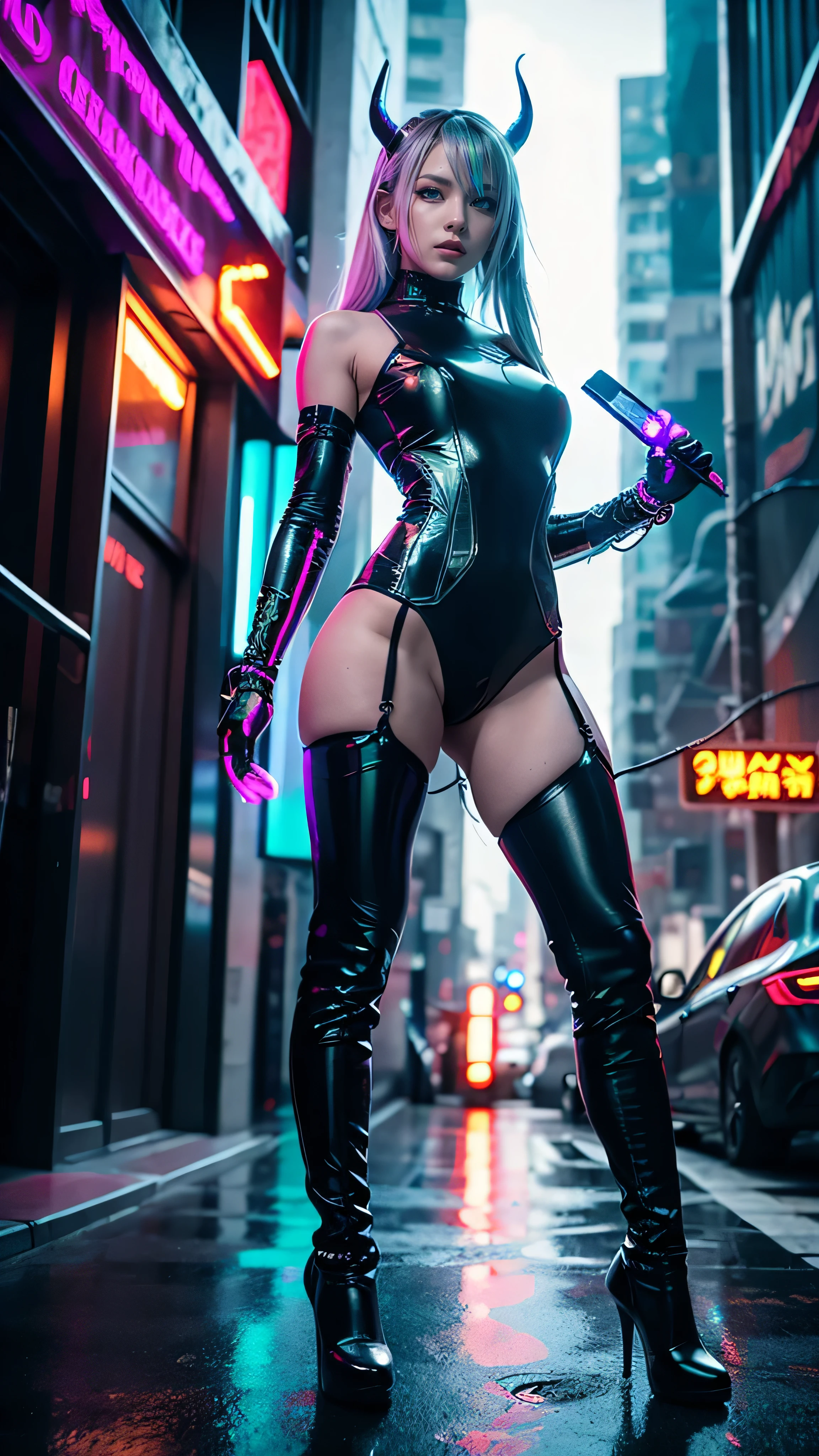 (an artistic photograph of a cyberpunk prostitute),full body shot, centered, (extremely detailed:1.2), (intricate neon slums in the background:1.1), hyper-detailed, (soft lighting:1.2), high resolution, filmic grain.