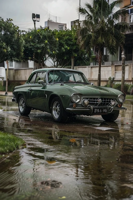 1962 Studebaker, green, white stripes, rainy conditions