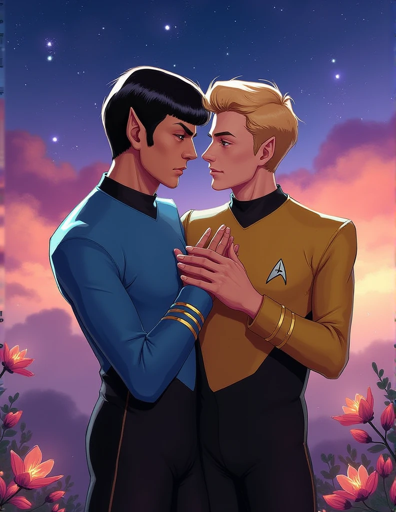 A full body digital illustration of Spock and captain Kirk handsome and young  from Star Trek in dhr1v4ls art style. He's in a dramatic pose, with a simple and vibrant space,slim body.An anime-style illustration featuring Spock and Captain Kirk from Star Trek, designed with fine and delicate linework to closely resemble their original characters in their mid-twenties. Spock, with sleek black hair neatly combed, sharp angled eyebrows, and pointed ears, exudes a calm and stoic presence. He wears a dark futuristic uniform with minimalistic details and is slightly taller than Kirk, emphasizing his composed and reserved demeanor. Captain Kirk, with golden blonde hair slightly tousled, warm green eyes, and a confident smile, wears his iconic golden uniform with subtle futuristic accents. The two are in an affectionate pose, standing close together, with Kirk placing a reassuring hand on Spock's chest while gazing at him warmly. Spock looks at Kirk with a soft, introspective expression. The background features a serene twilight sky with glowing stars and delicate flowers, enhancing the romantic and tranquil atmosphere. The colors are vibrant and emotionally warm, highlighting their iconic connection."Résolution Haute, Œuvre d'art, 