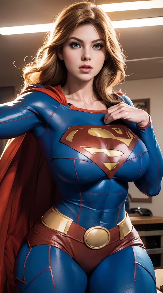  digital illustration , Fer costume game: 1 Personalized Supergirl costume ,  as an illustration of Artgerm comics .  Woman with curviline-muscular physique , blonde,  long curly hair ,  very sensual and suggestive with tight clothing and Supergirl posing as she soars in flight with distinctive details and style .    realistic aspect of the scene , including facial features ,  vivid musculature and textures .  Incorporates the style of Artgerm ,  highlighting the details of the clothes and adding touches of drama .  Toon-anime-hyperrealistic mix ,  Supergirl sexy and impressive in an environment that reflects her power and heroism .  Experiment with lighting variations to highlight details and help the image capture the iconic essence of Supergirl.