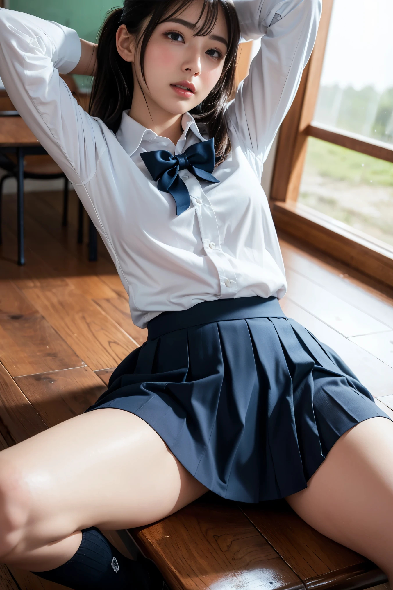 (View from below)、(((Crotch close-up)))、Browsing Caution:0.3、Female  in classroom、Trendy short hair、(smile)、(Mature Woman)、(18-year-old)、((Big Breasts))、((Super tight fitting collared shirt))、Checkered pleated skirt、Navy blue socks、loafers、Knee-length skirt、(ribbon)、((Black Hair))、highest quality、超A high resolution、(Realistic:1.85)、Beautiful Japanese Eyes、Super Beauty、Perfect Style、Perfect balance、Detailed skin、((Delicate photo))，(Detailed RAW photos of girls), (Tabletop:1.25), (highest quality:1.6), (超A high resolution:1.5), (Realisticです:1.75), 8K resolution, Canon EOS R5, 50mm, Absurd, Very detailed,Cinema Lighting、((Her delicately designed lacy white panties are visible.))、((Spread your legs))、((Realistic crotch))、Bite